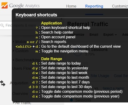 google analytics keyboard shortcuts