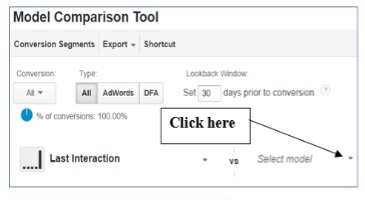 baseline and custom attribution models select model drop down menu