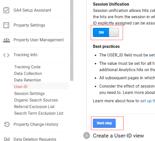 ga user id session unification turned on settings