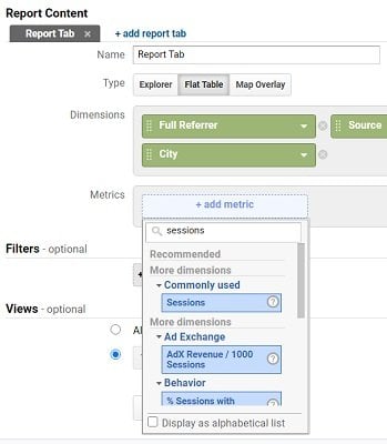 ga dimensions metrics add metric2