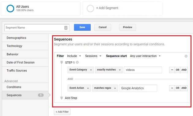 sequences in advanced segments google analytics