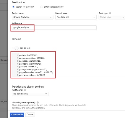 create new data table google big query