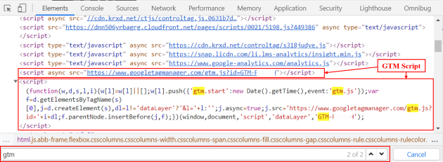 GTM script in elements tab