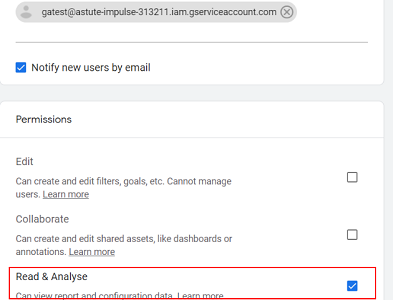 Add the service account created in the developers console