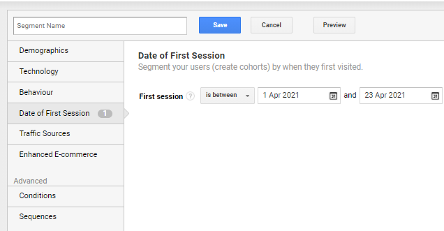 Date of first session segment