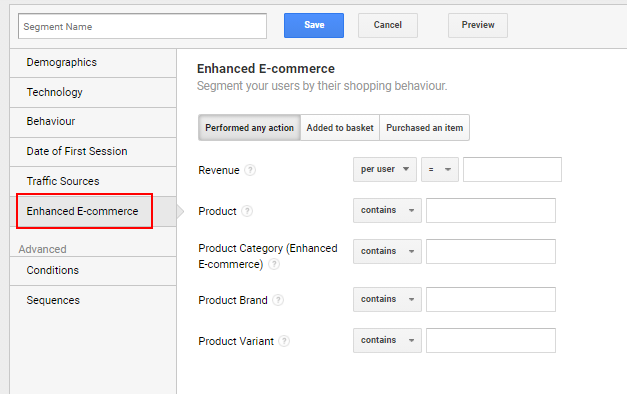 Enhanced ecommerce segment