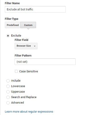 remove referral spam exclude browser size not set filter