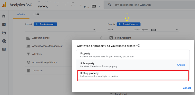 ga4 360 roll up properties