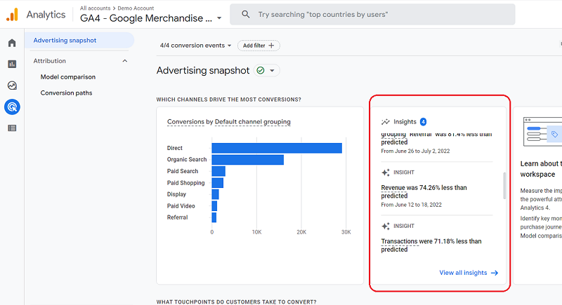 Insights Advertising Snapshot report ga4