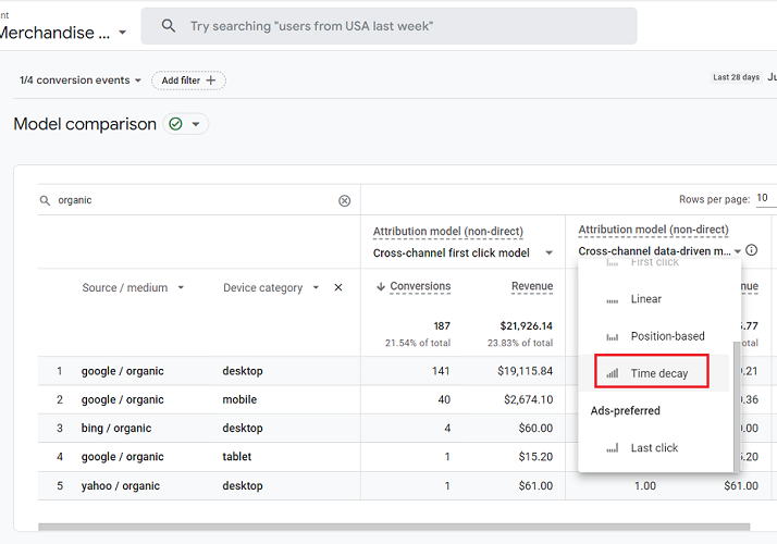 Select the comparison attribution model time decay ga4