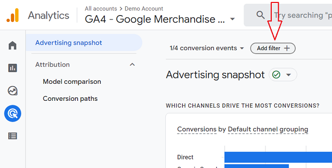 add filters Advertising Snapshot report ga4