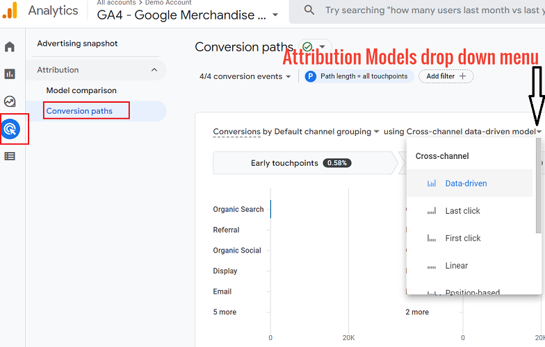 attribution models drop down menu ga4 conversion paths
