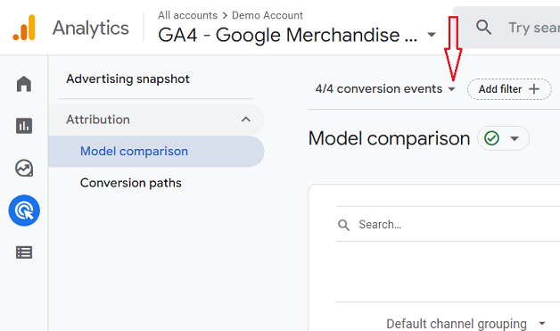 conversion events Model Comparison Report ga4