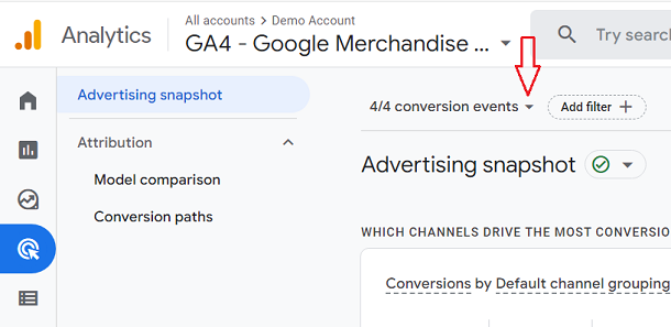 conversion events drop down menu