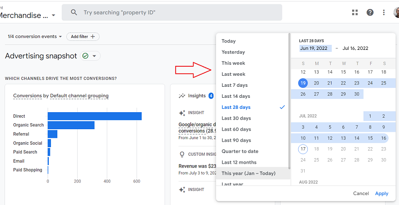 data selector Advertising Snapshot report ga4 2