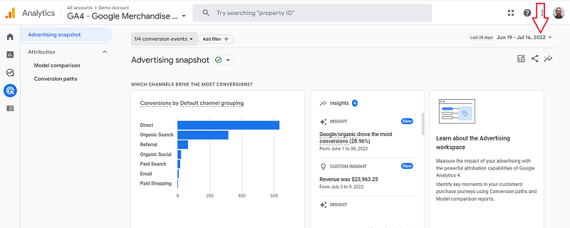 data selector Advertising Snapshot report ga4