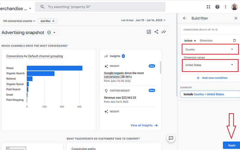 overlay filters Advertising Snapshot report ga4