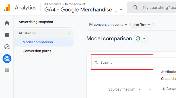 search box Model Comparison Report ga4