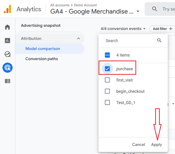 select conversion event ga4
