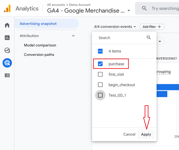select conversion events ga4