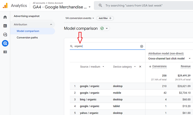 type ‘organic in the search box 1