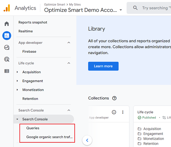 Queries and Google Organic Search Traffic reports ga4
