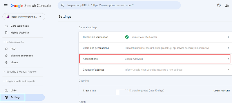 google search console Associations