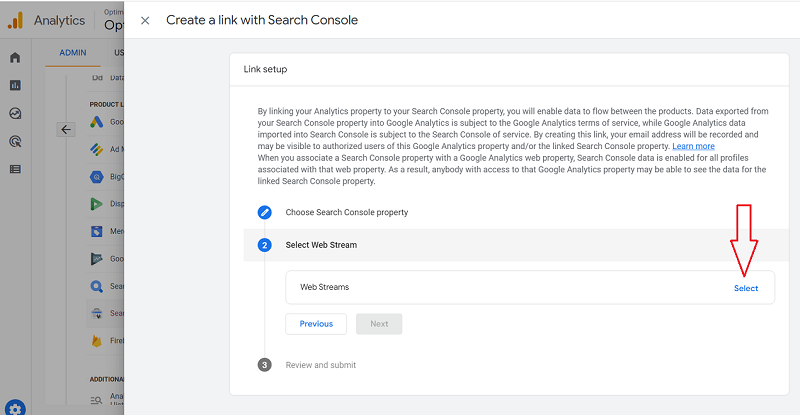 select a web data stream for your website