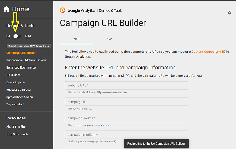 Google Analytics Campaign URL builder tool toggle button 1