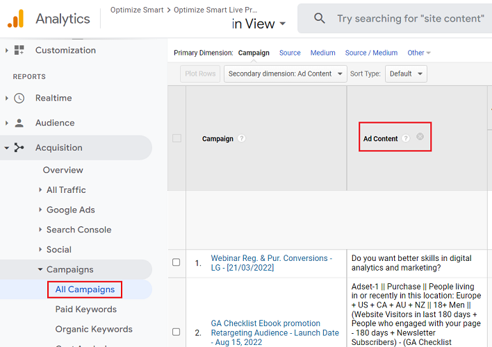 ad content dimension ga3