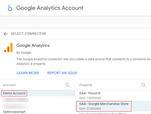 ویژگی انتخاب کانکتور google analytics