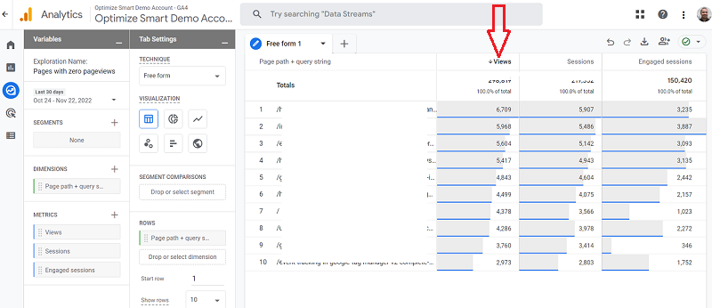 click on views column header