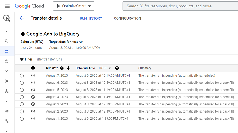 the current status of your data transfer