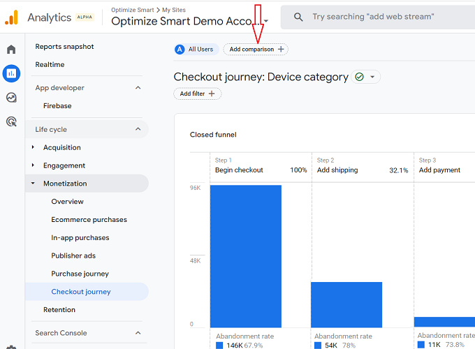 segment the checkout funnel by using the comparison feature