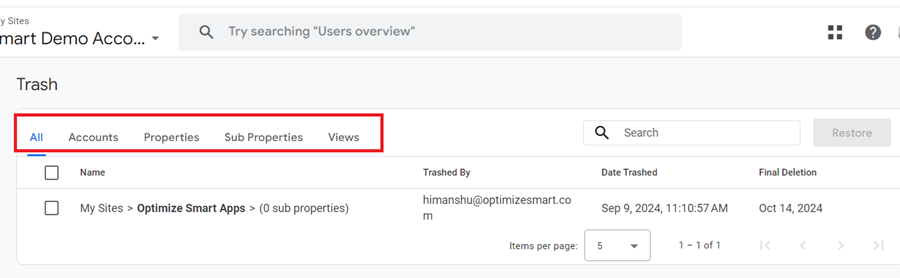 Click on the appropriate tab to see the list of only accounts properties or sub properties