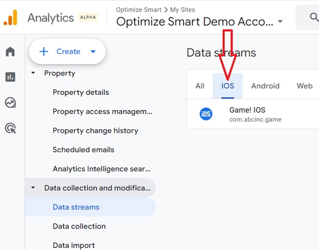 Click on the iOS tab to see the list of IOS data streams