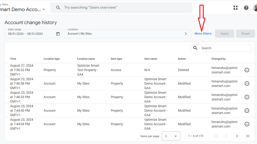Click on the ‘More filters link to filter the results by type of change