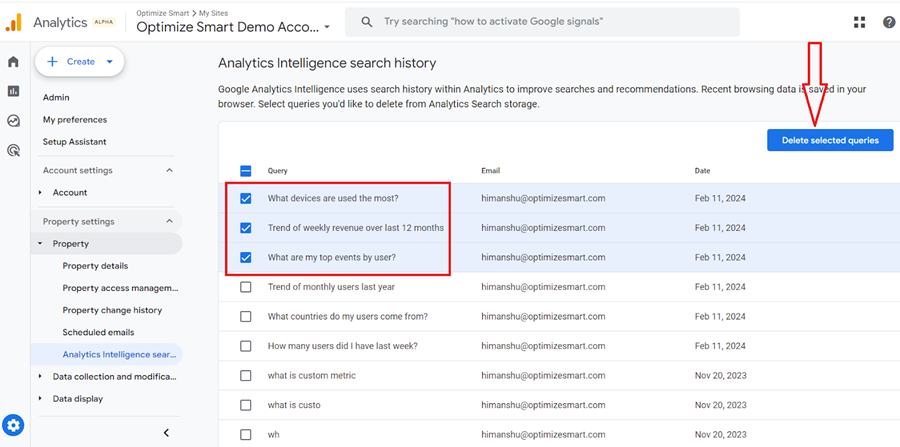 Delete selected queries ga4