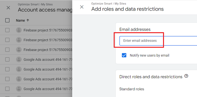 Enter the email address of the person you want to add to your GA property