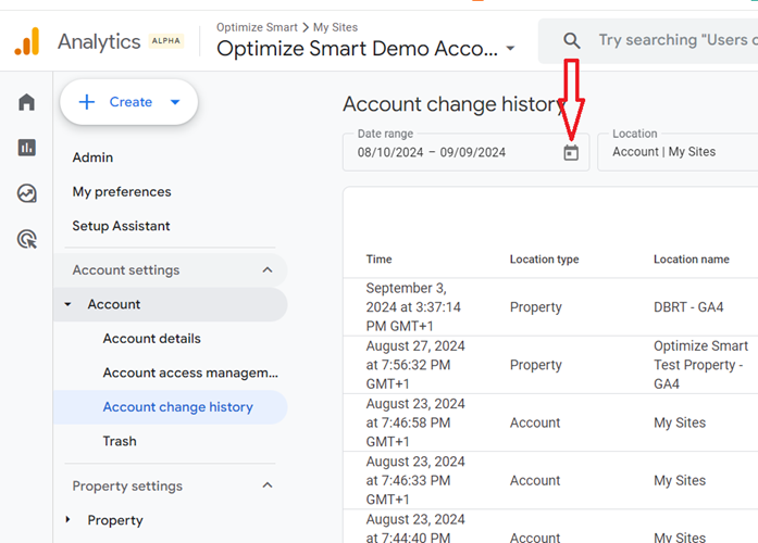 You can view all changes for a particular date range by clicking on the date button