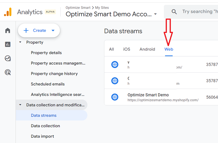 see the list of web data streams 1