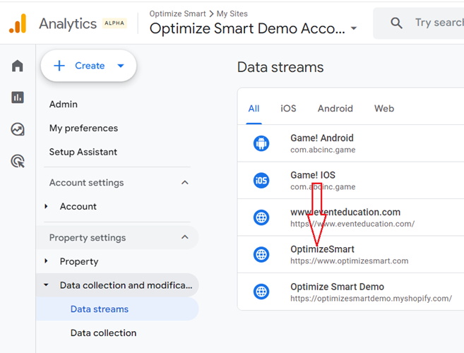 Click on the web data stream whose Google Tag you want to configure
