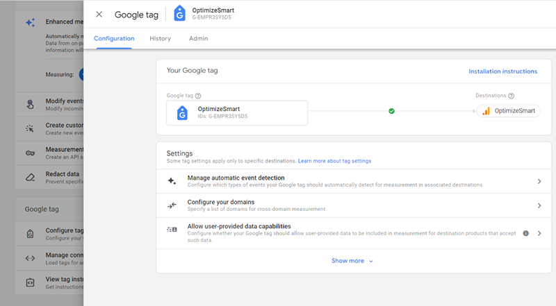 Google tag configuration page