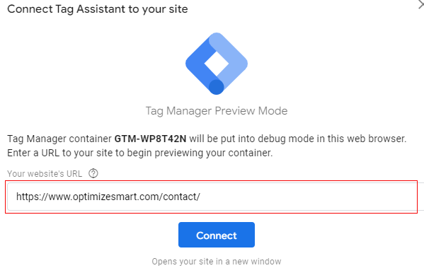 Enter your websites URL in Tag Assistant