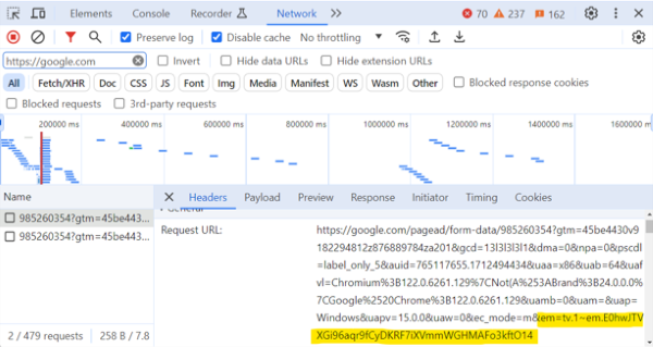The em parameter contains the hashed user data