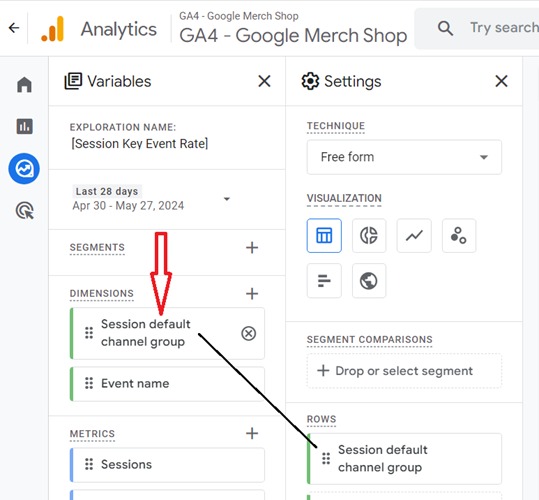 Add the dimension ‘Session default channel group to the report