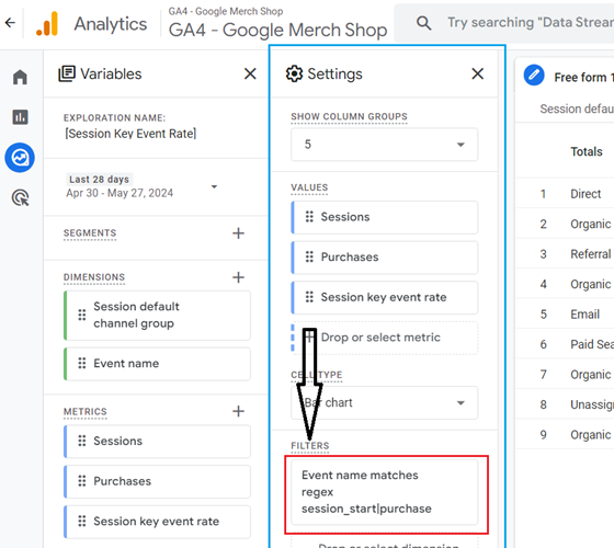 Event name matches regex ‘session start purchase