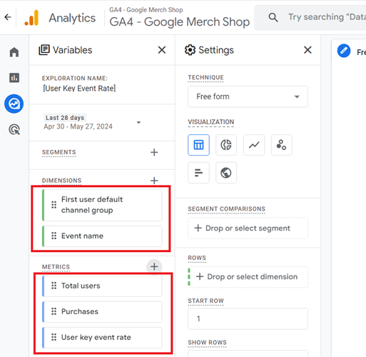 Import the following dimensions and metrics to the report