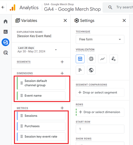 Import the following dimensions and metrics