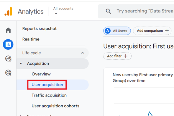 Navigate to ‘Acquisition ‘User acquisition report